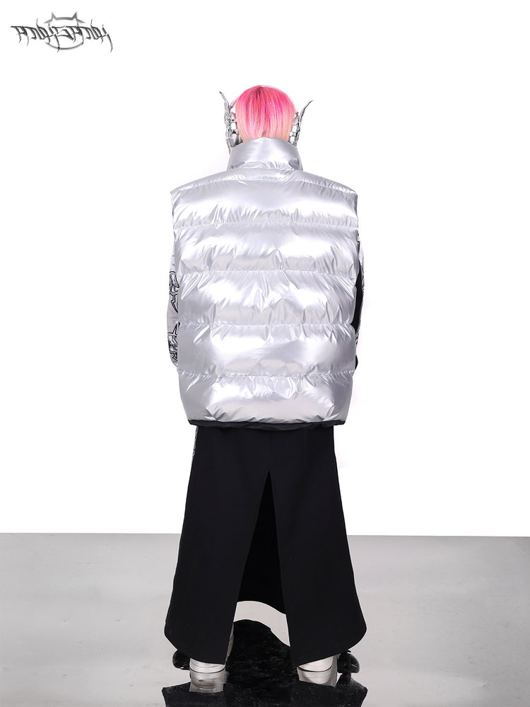 PINKSPINK ORBIT reversible padded vest in black silver — silver-side rear full-length modeled view showing the quilting