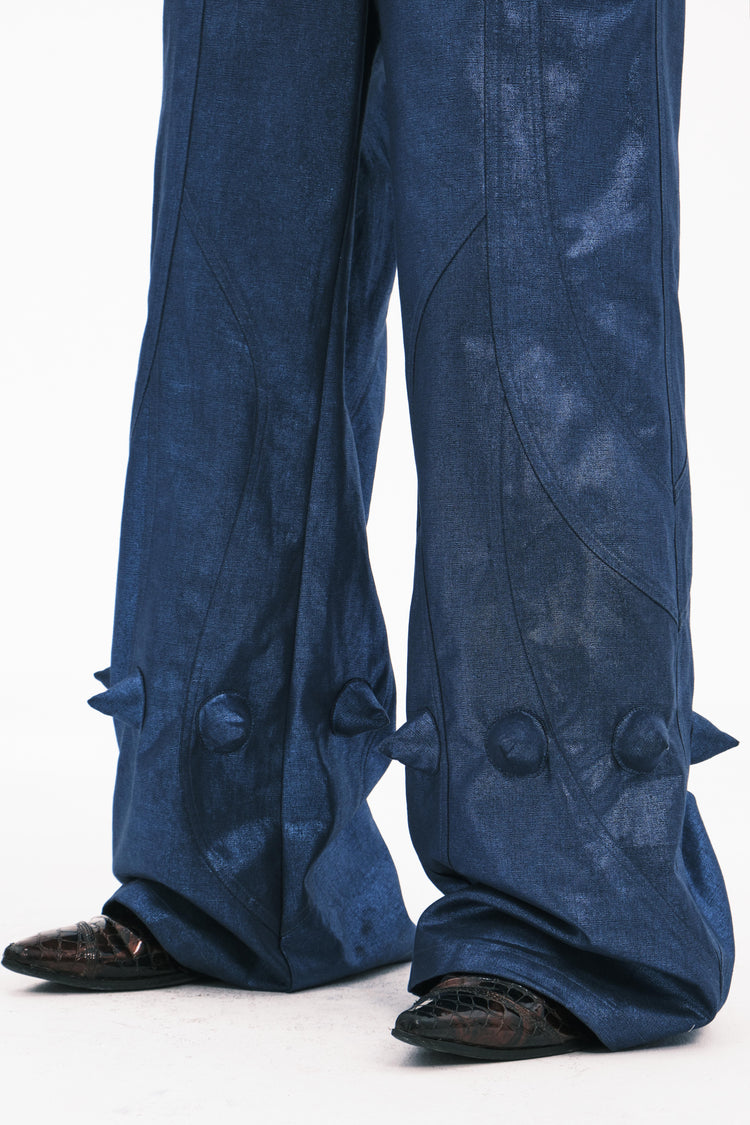 EMBRYO BLUE SPIKE metallic flare pants — additional styled view