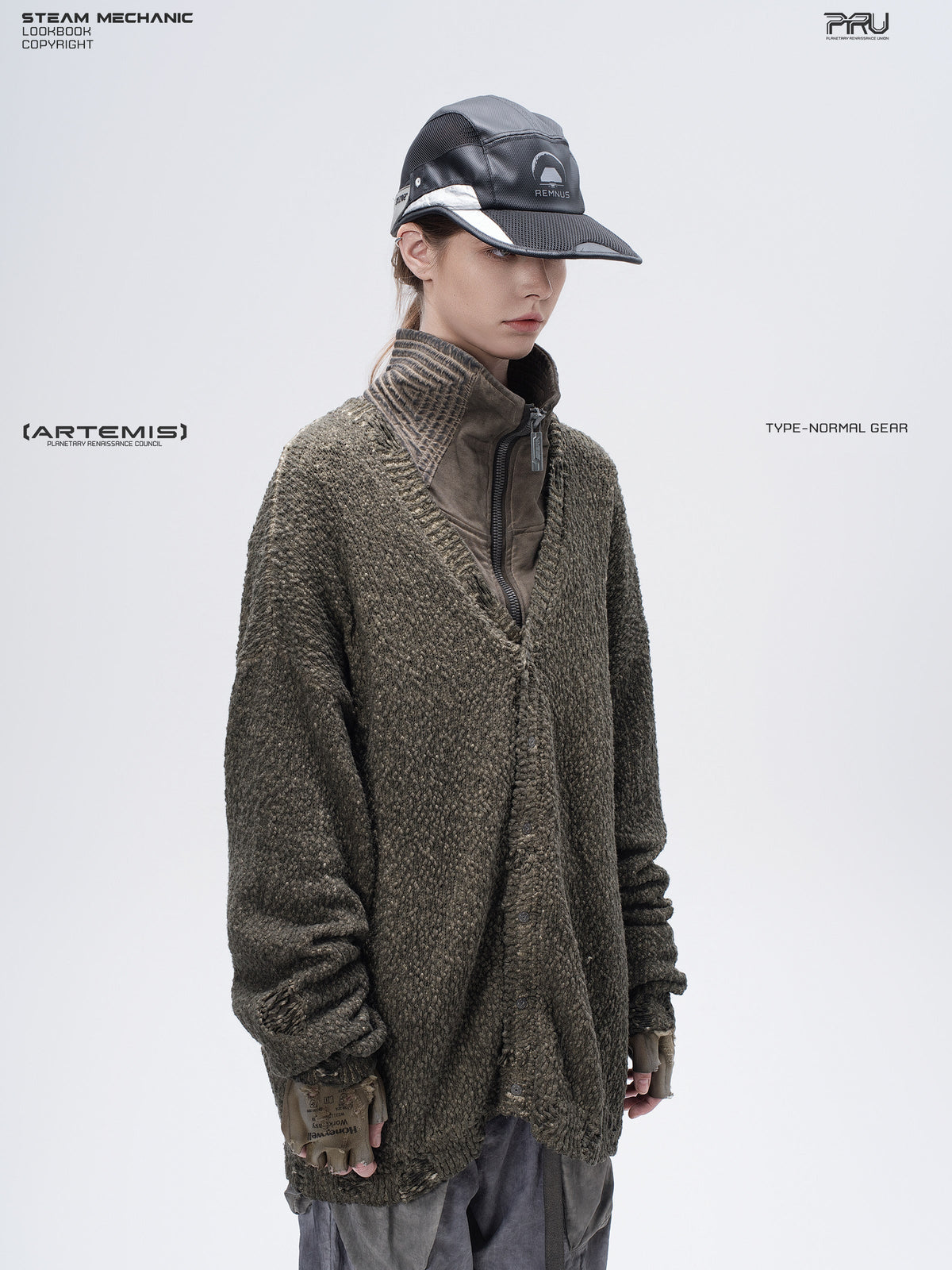 PIONEER tundra green moon-protection distressed sweater — alternate modeled angle
