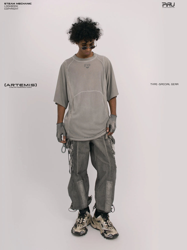 STARFIELD WELDER lunar sea gray distressed mesh tee — full-length front view looking down
