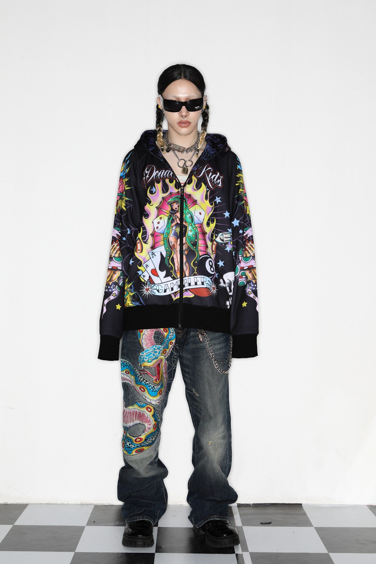 DEADENDKIDS WEST COAST oversized fleece hoodie — close modeled view