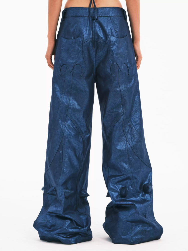 EMBRYO BLUE SPIKE metallic flare pants — alternate modeled angle
