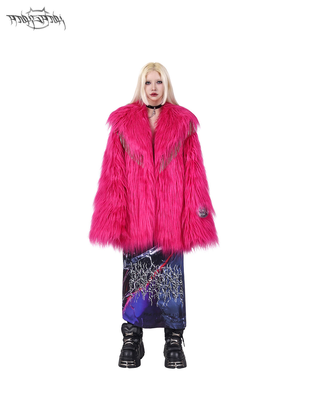 PINKSPINK BARBIE PINK rhinestone faux-fur coat — alternate modeled view showing the silhouette
