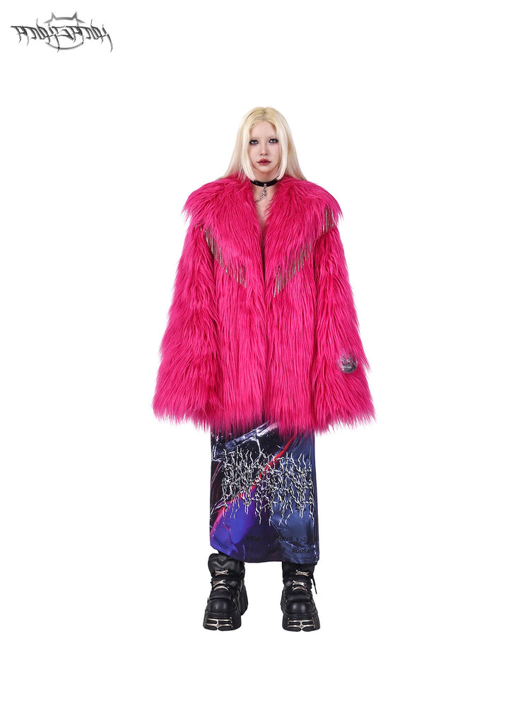 PINKSPINK BARBIE PINK rhinestone faux-fur coat — alternate modeled view showing the silhouette