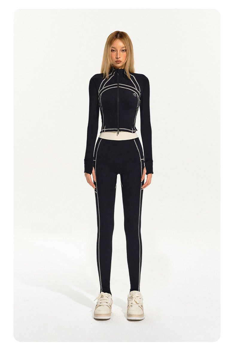 NAWS CLOUD quick-dry zip athletic top — modeled detail view of the garment construction