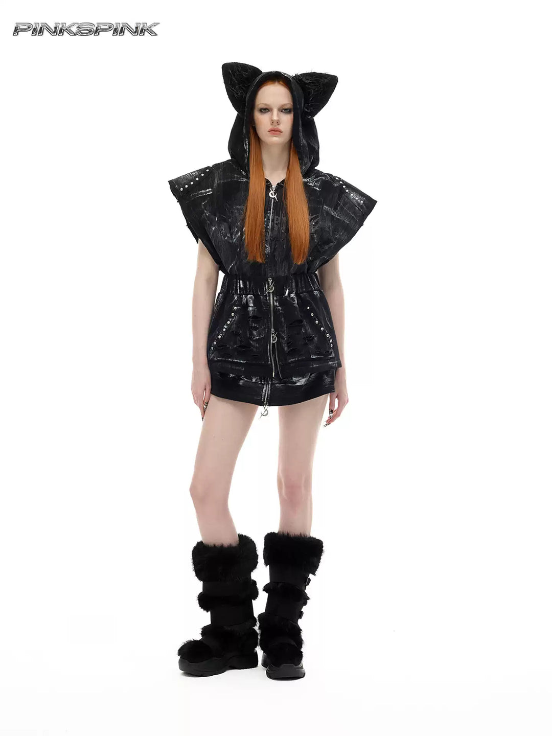 PINKSPINK ELECTRIC MOON studded cat-ear vest in black — front full-length modeled view with the cat-ear hood raised and waist cinched