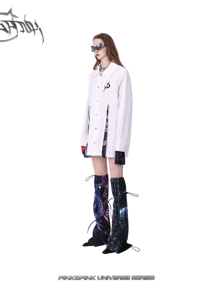 PINKSPINK COSMOS drawcord patchwork leg warmers in black purple multicolor — side modeled view styled with a white coat