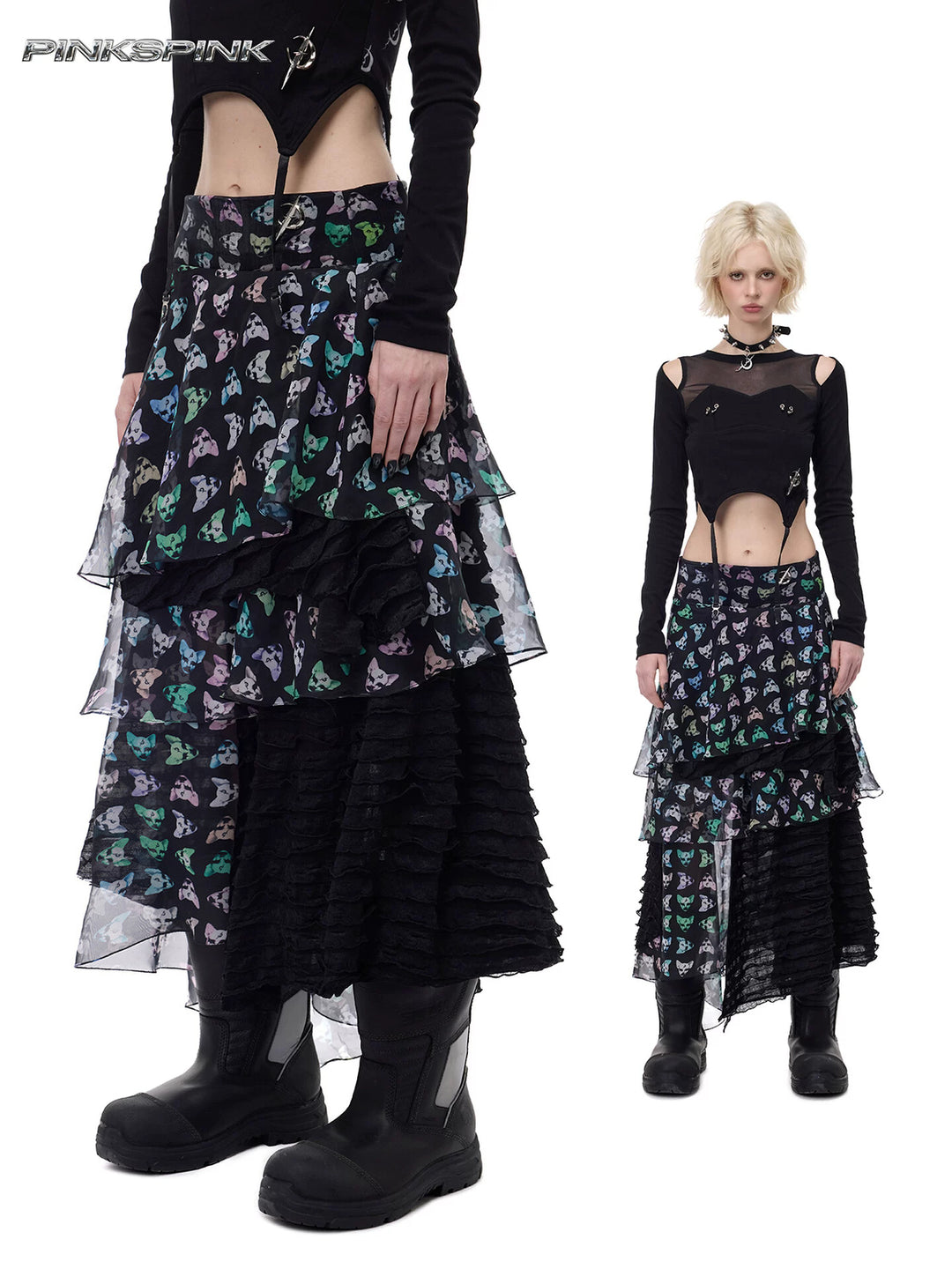 PINKSPINK CAT ALIEN asymmetric mesh maxi skirt — black multicolor modeled collage of asymmetric mesh layers