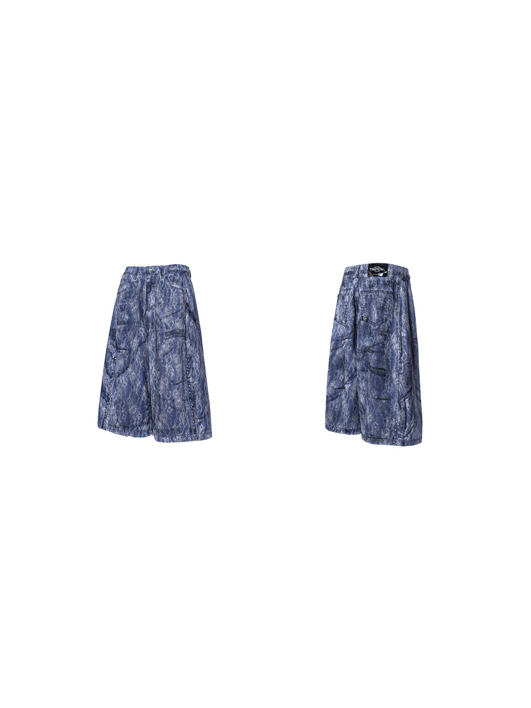 PINKSPINK ELECTRIC MOON lace-coated wide-leg denim shorts in blue — garment-only front and back views on white