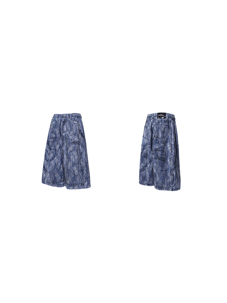 PINKSPINK ELECTRIC MOON lace-coated wide-leg denim shorts in blue — garment-only front and back views on white