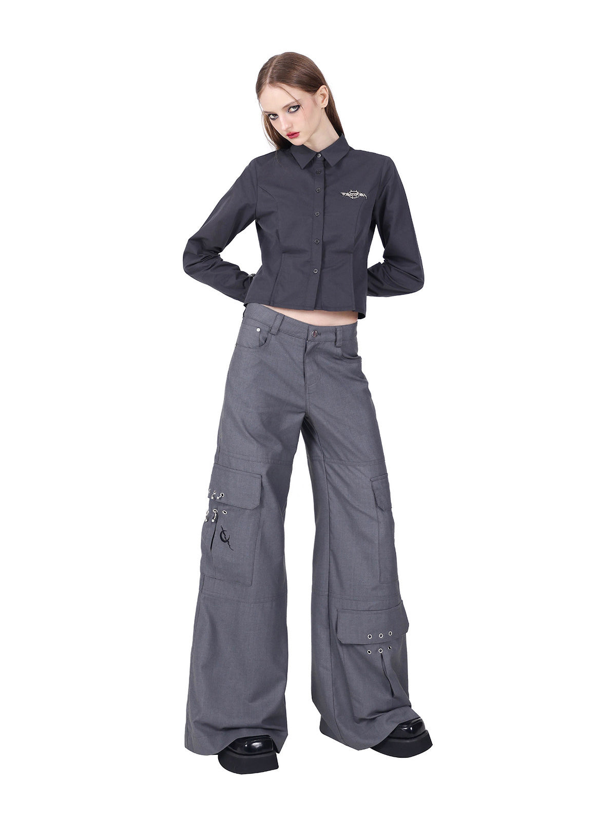 PINKSPINK ELECTRIC MOON sculpted cropped cotton shirt in gray — front modeled view with hands behind the back