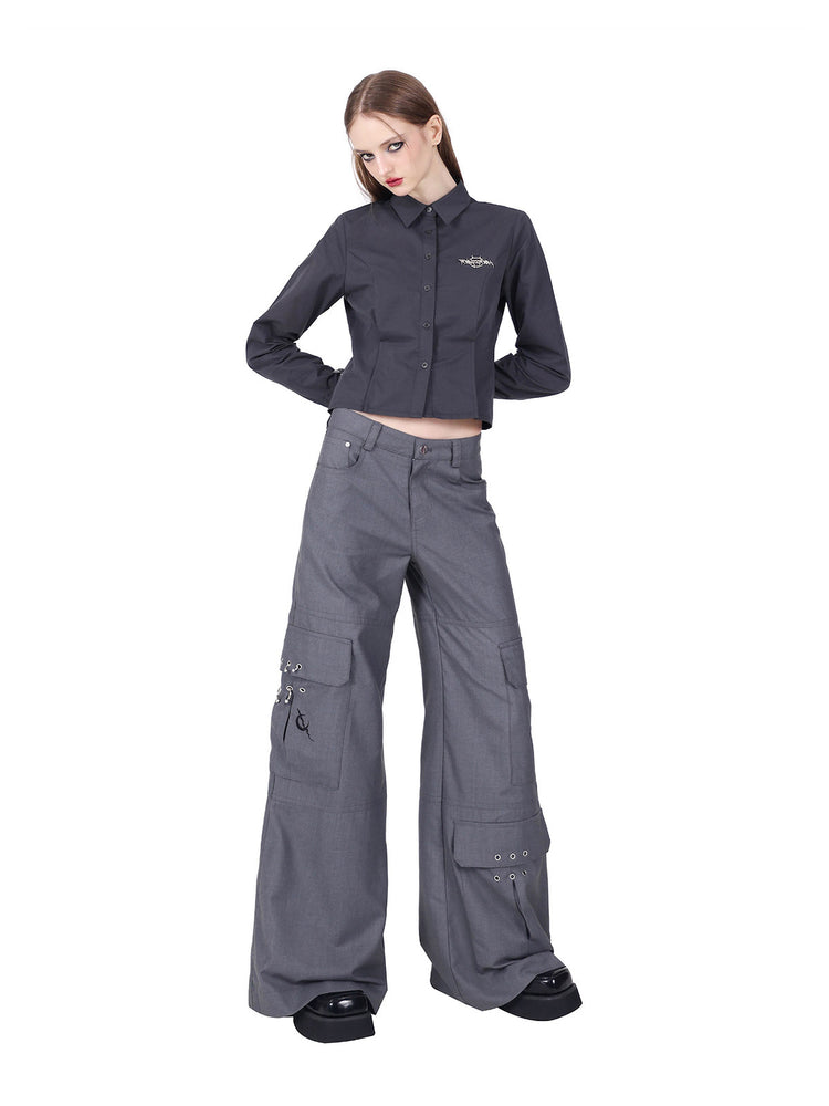 PINKSPINK ELECTRIC MOON sculpted cropped cotton shirt in gray — front modeled view with hands behind the back