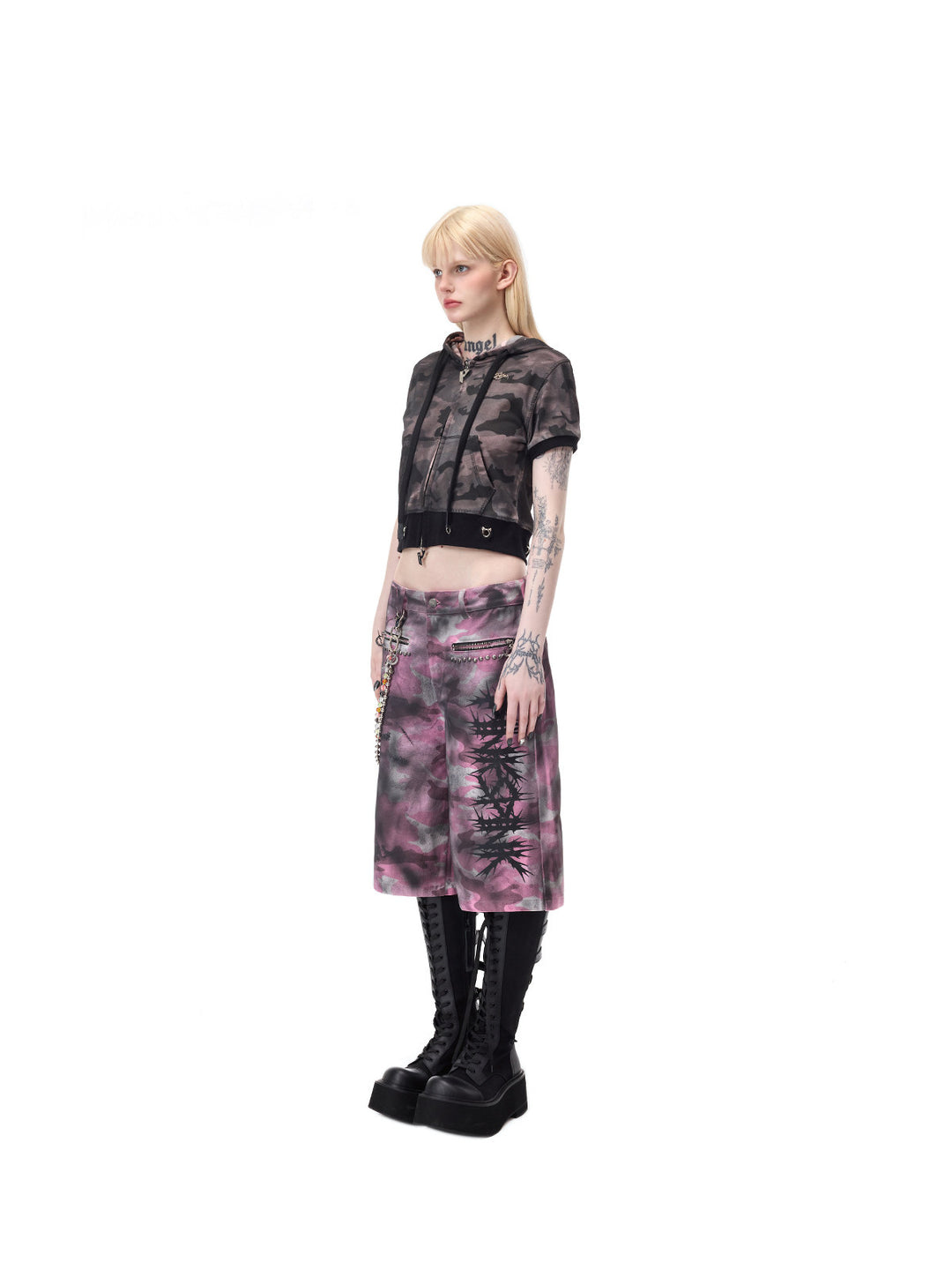 PINKSPINK ELECTRIC MOON coated camouflage denim shorts in pink-gray camouflage — full side view showing the below-knee length