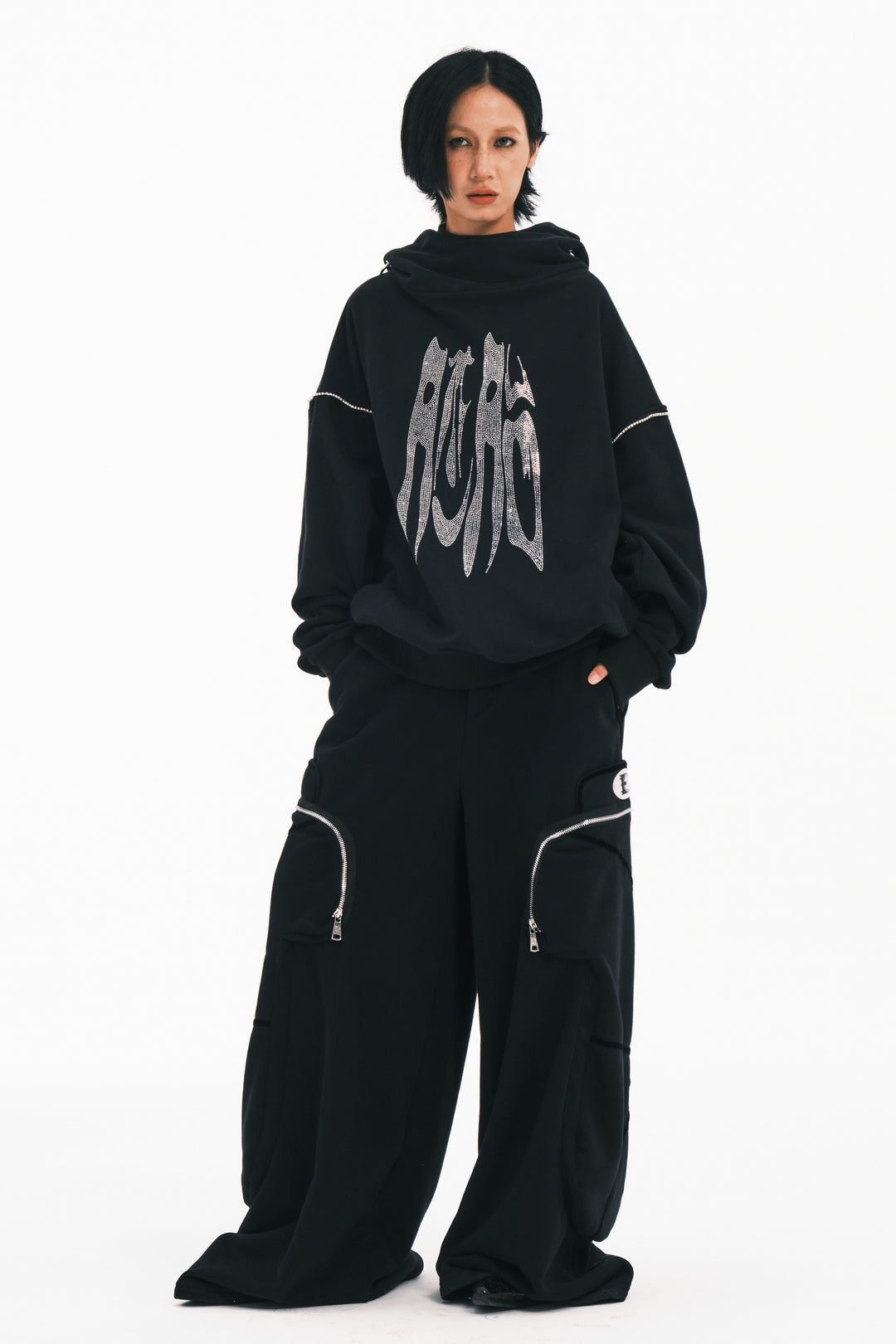 EMBRYO RHINESTONE RING oversized graphic hoodie — rear modeled view