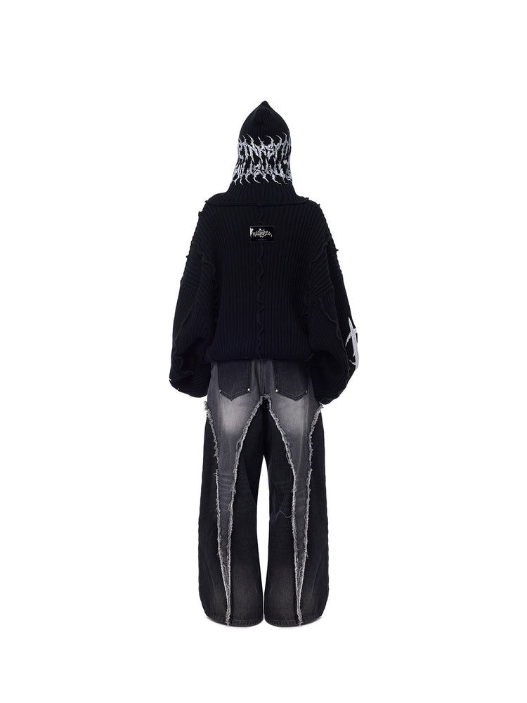 PINKSPINK THORN SIGNAL hooded graphic knit sweater — back full-length view with hood raised