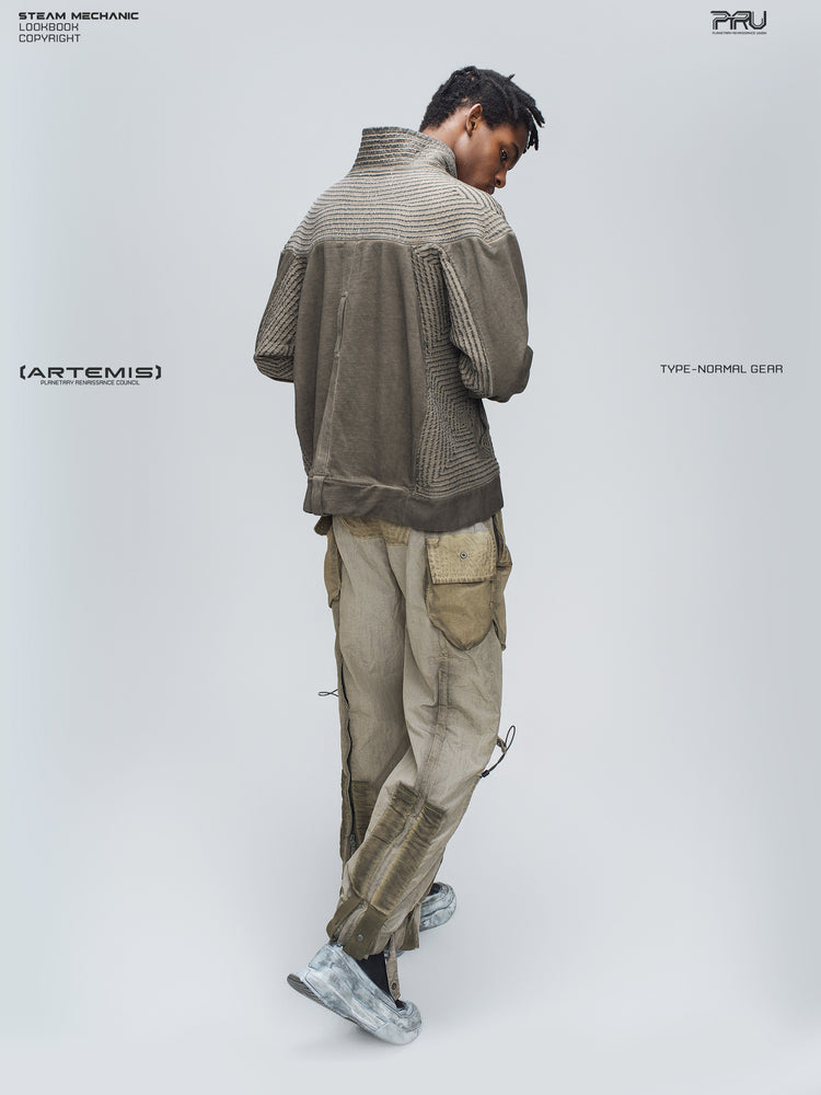 PIONEER mercury brown distressed protection zip jacket — full-length rear three-quarter modeled view showing the ribbed shoulders and curved side panels
