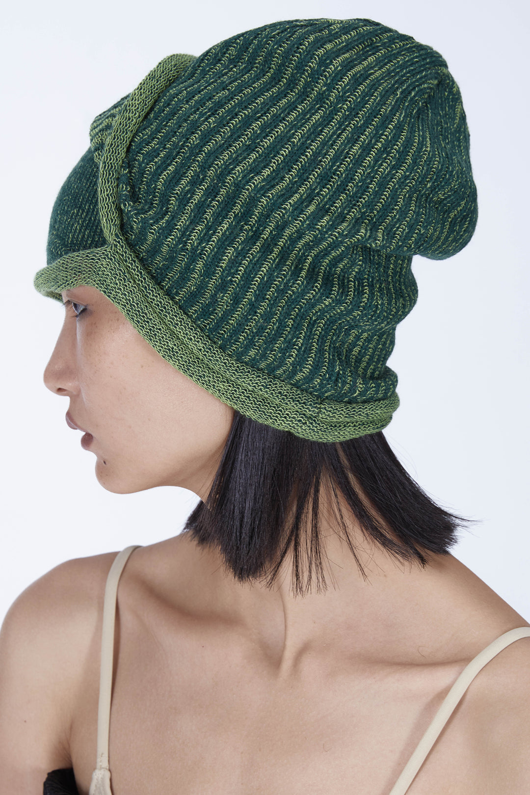 EMBRYO DOUBLE FORM convertible knit hat — alternate modeled angle