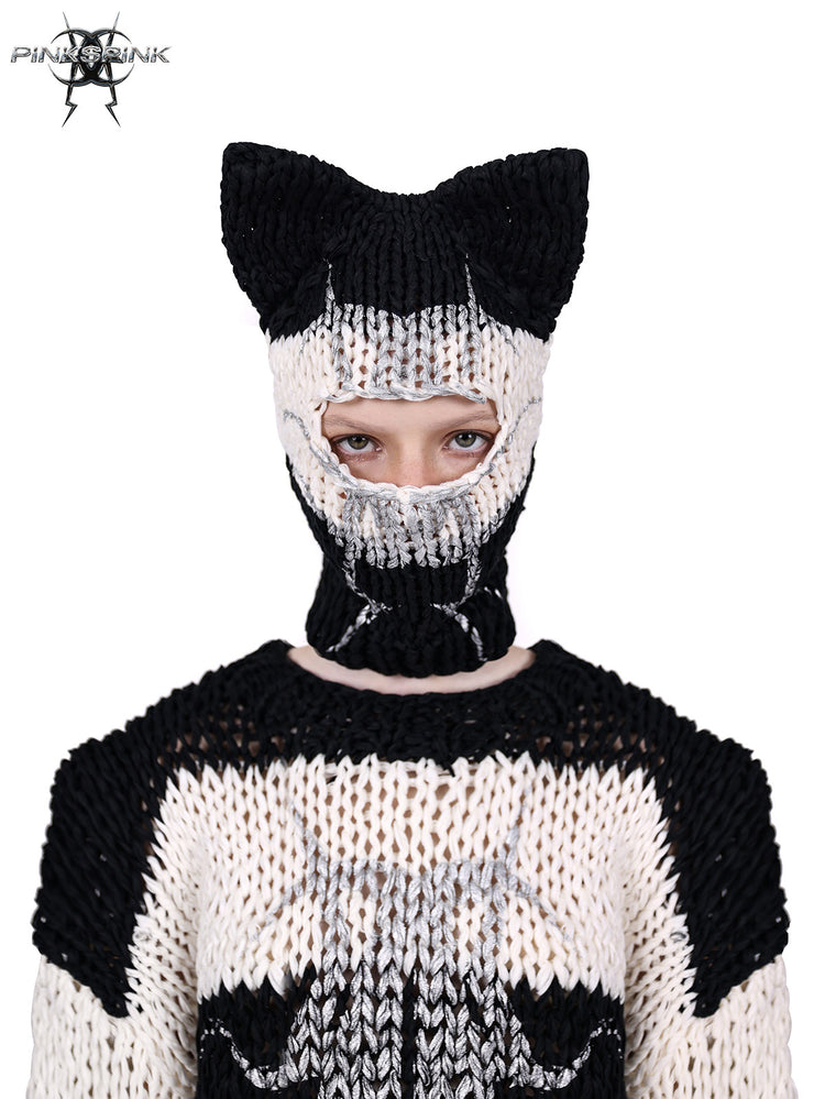 PINKSPINK MIRROR striped open-knit padded-shoulder sweater in black white stripes — rear neck and shoulder detail with the matching balaclava
