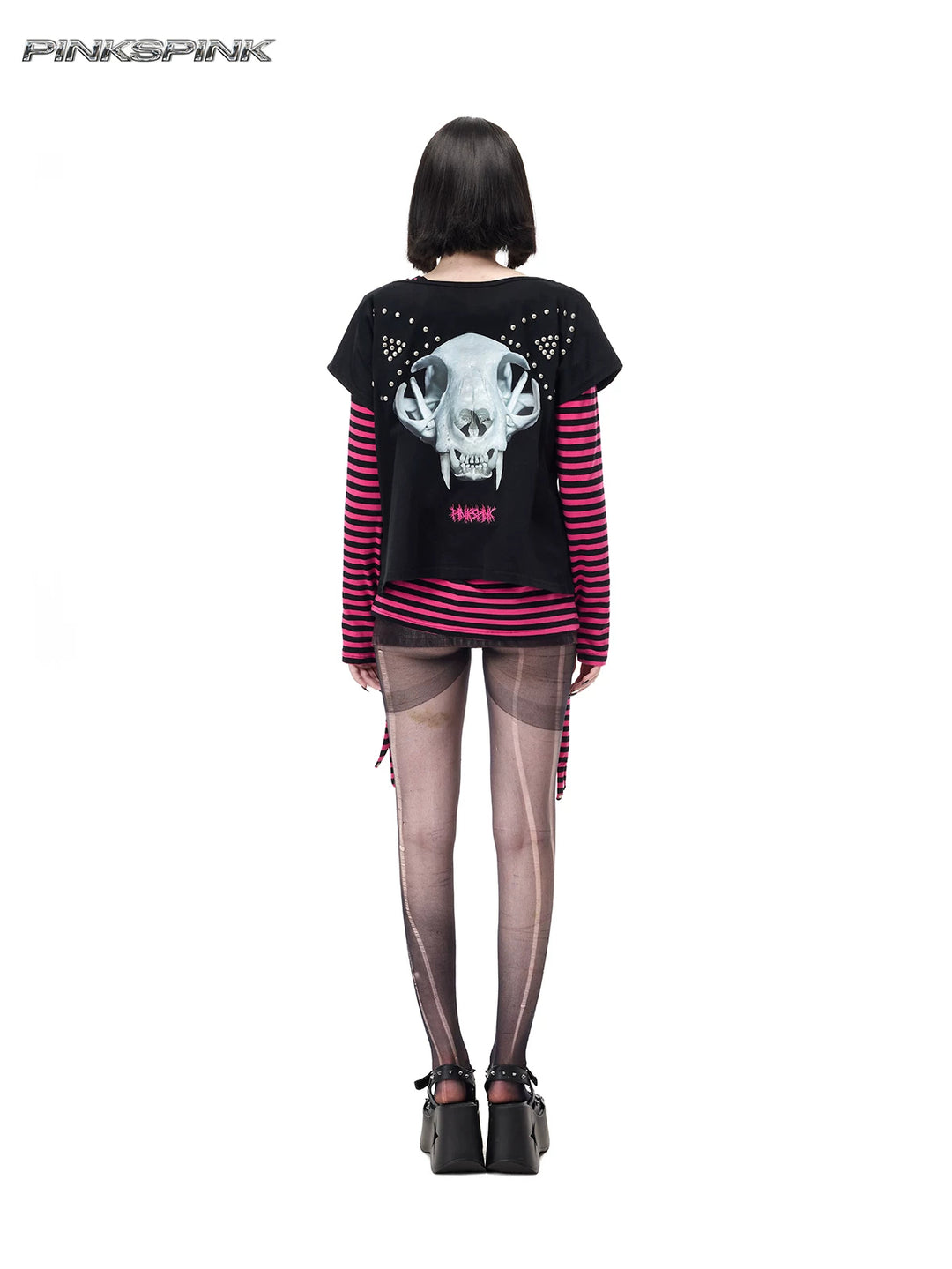 PINKSPINK CATACOMB reversible cat-skull tee in black — rear cat-skull face layered over a separate pink striped tee