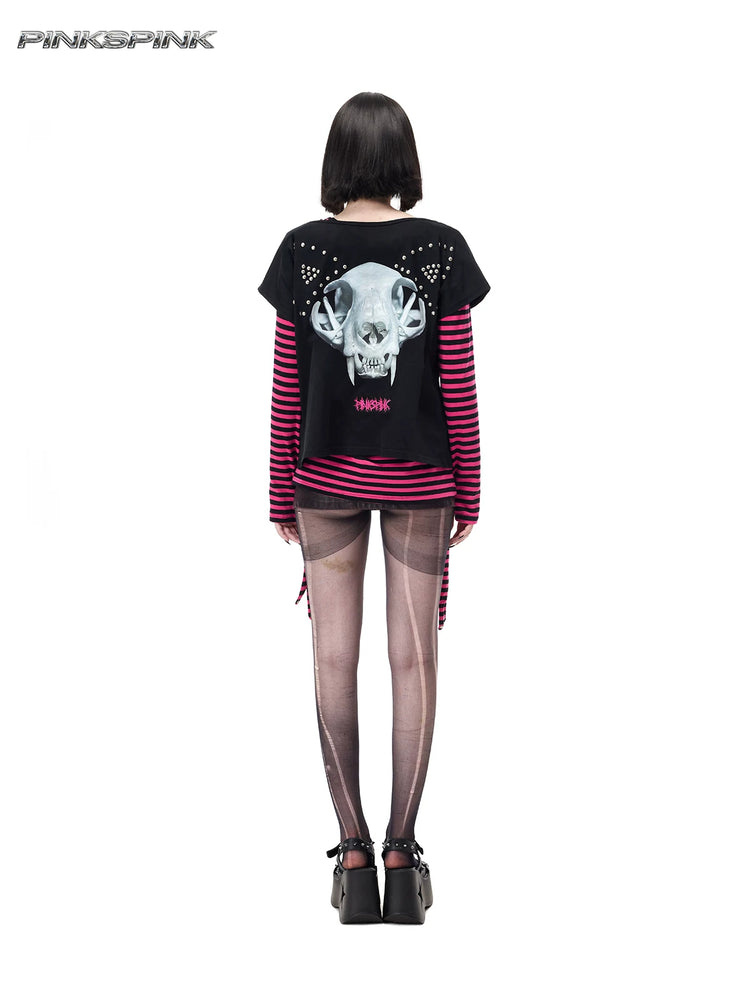 PINKSPINK CATACOMB reversible cat-skull tee in black — rear cat-skull face layered over a separate pink striped tee