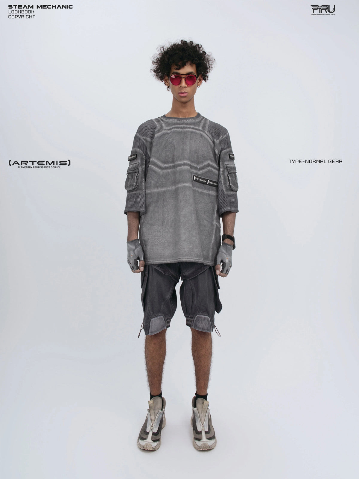 STARCORE moon dust gray velcro mesh tee — full-length front modeled view with arms lowered