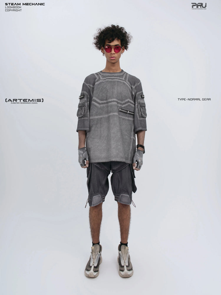STARCORE moon dust gray velcro mesh tee — full-length front modeled view with arms lowered