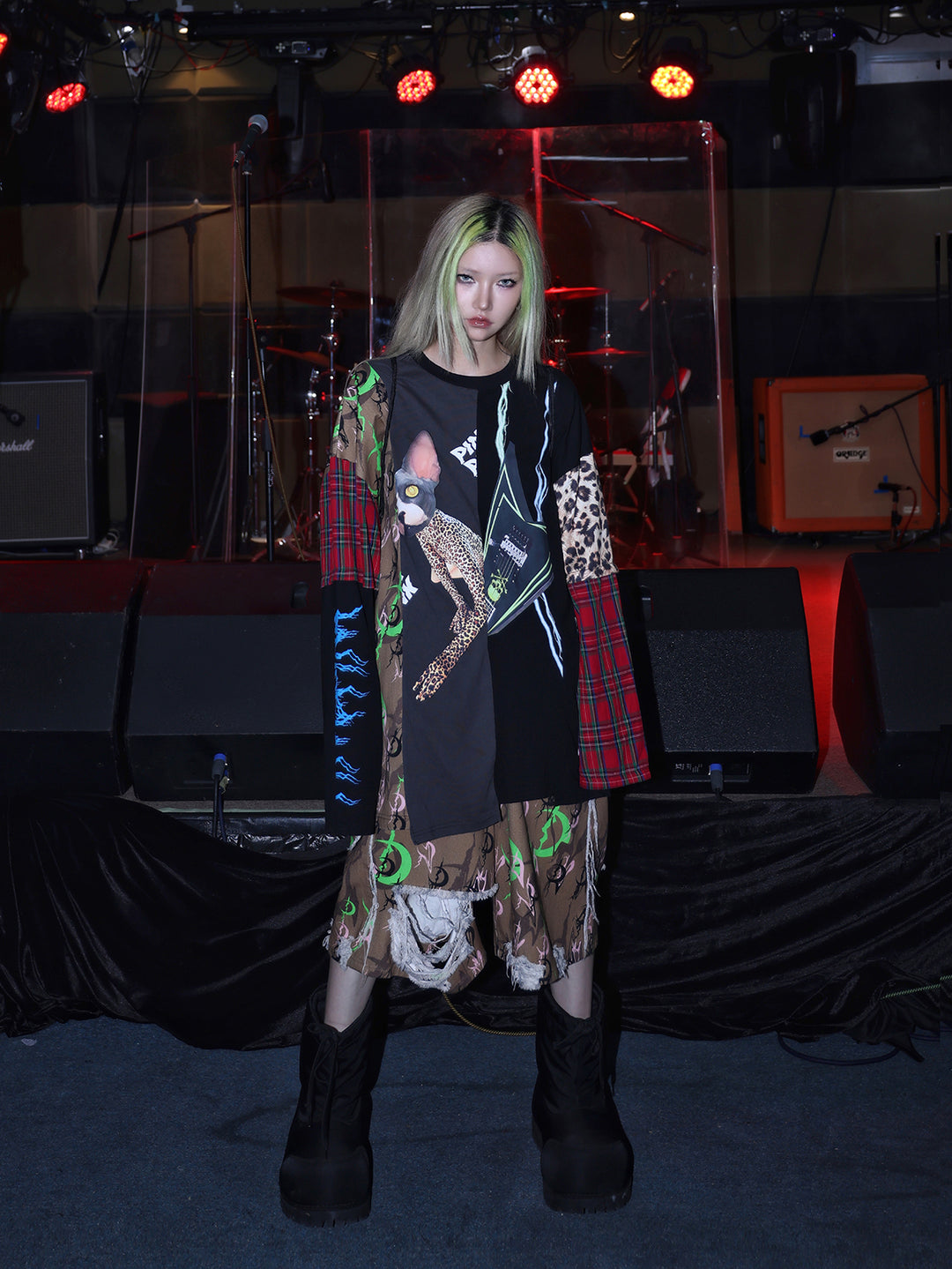 PINKSPINK ELECTRIC MOON distressed camo cropped trousers in CAMOUFLAGE — full front with patchwork top and green hair.