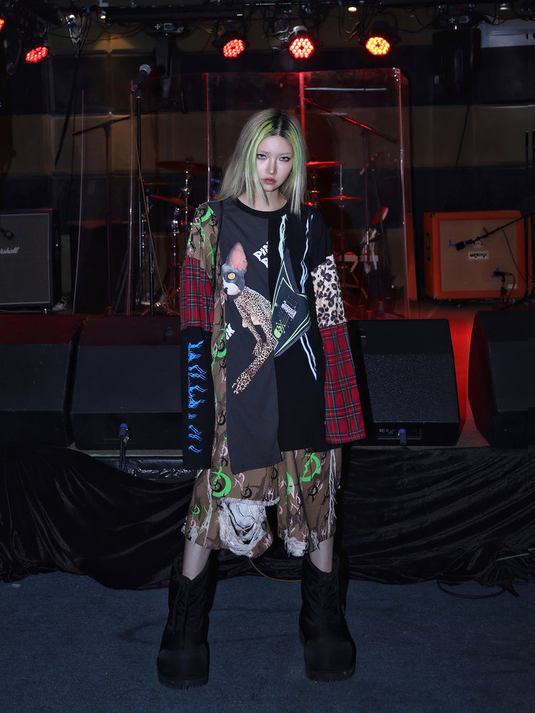 PINKSPINK ELECTRIC MOON distressed camo cropped trousers in CAMOUFLAGE — full front with patchwork top and green hair.