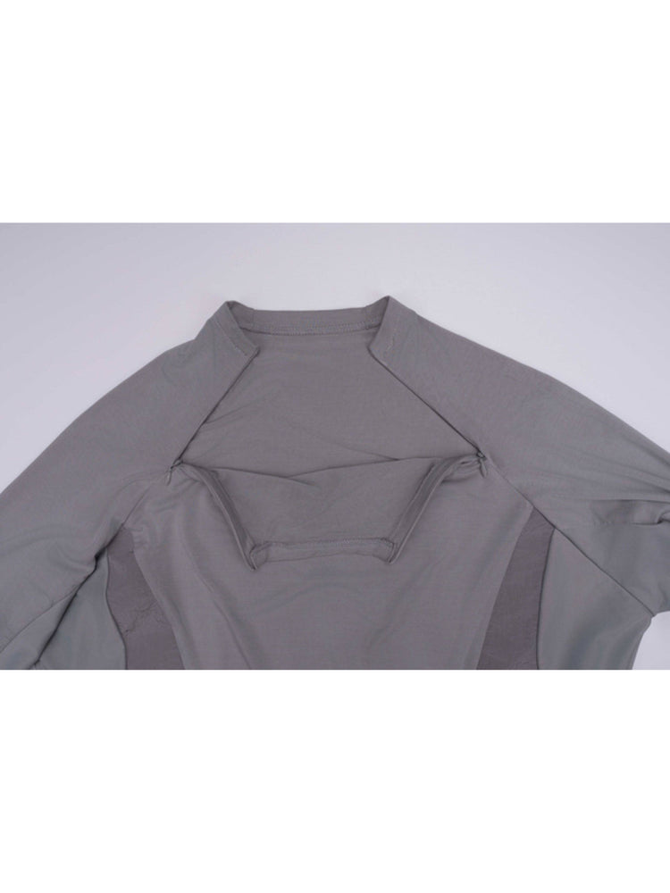 ARTEMIS moon dust gray stretch technical base-layer top — moon dust gray neckline and cuff construction close-up