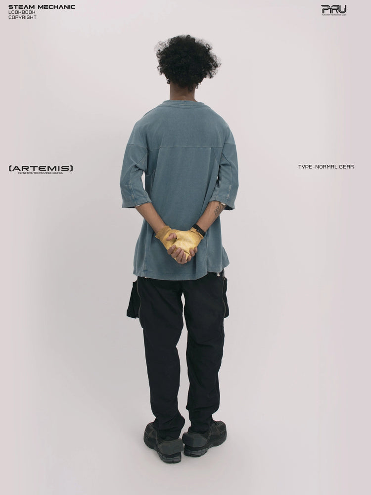 LIGHTSHADOW mycelium blue deconstructed technical tee — full-length back view with hands clasped behind