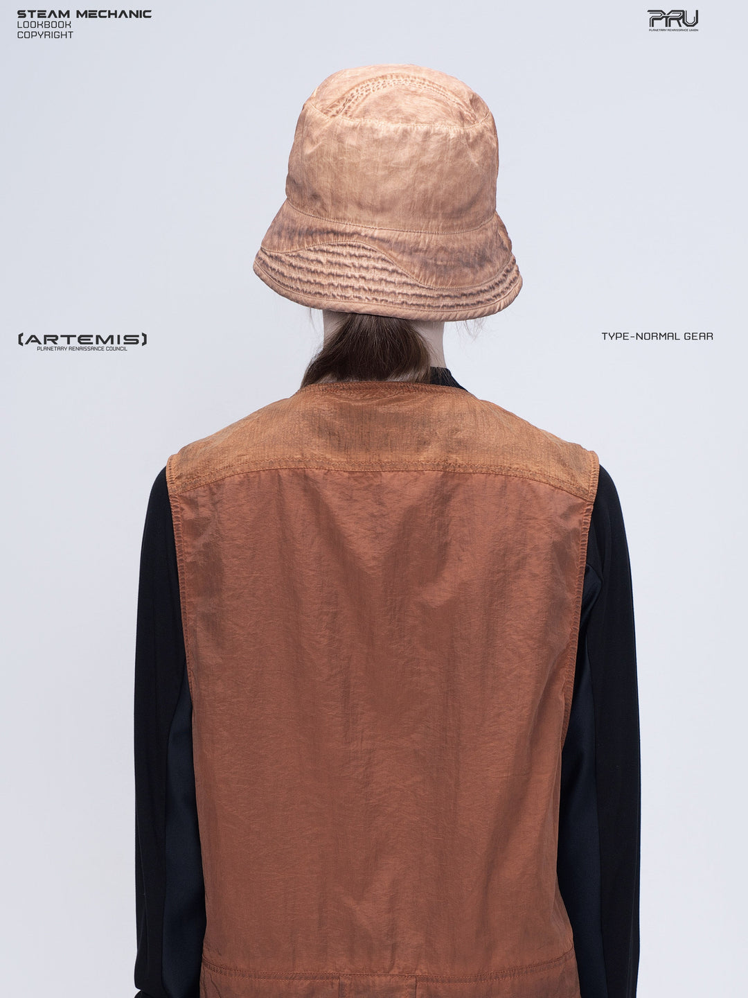 PIONEER venus orange distressed nylon bucket hat — rear modeled view showing the crown panel seams