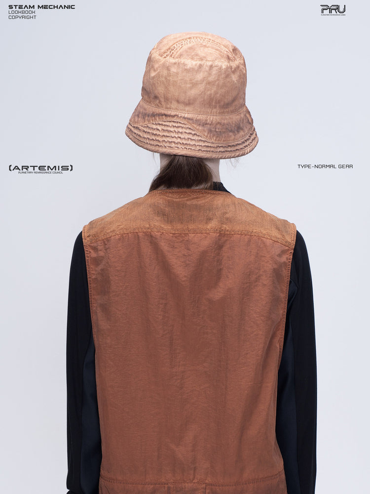PIONEER venus orange distressed nylon bucket hat — rear modeled view showing the crown panel seams