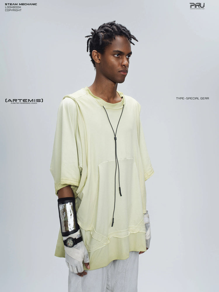 SUPERNOVA nebula green convertible drawstring technical tee — three-quarter modeled view facing right
