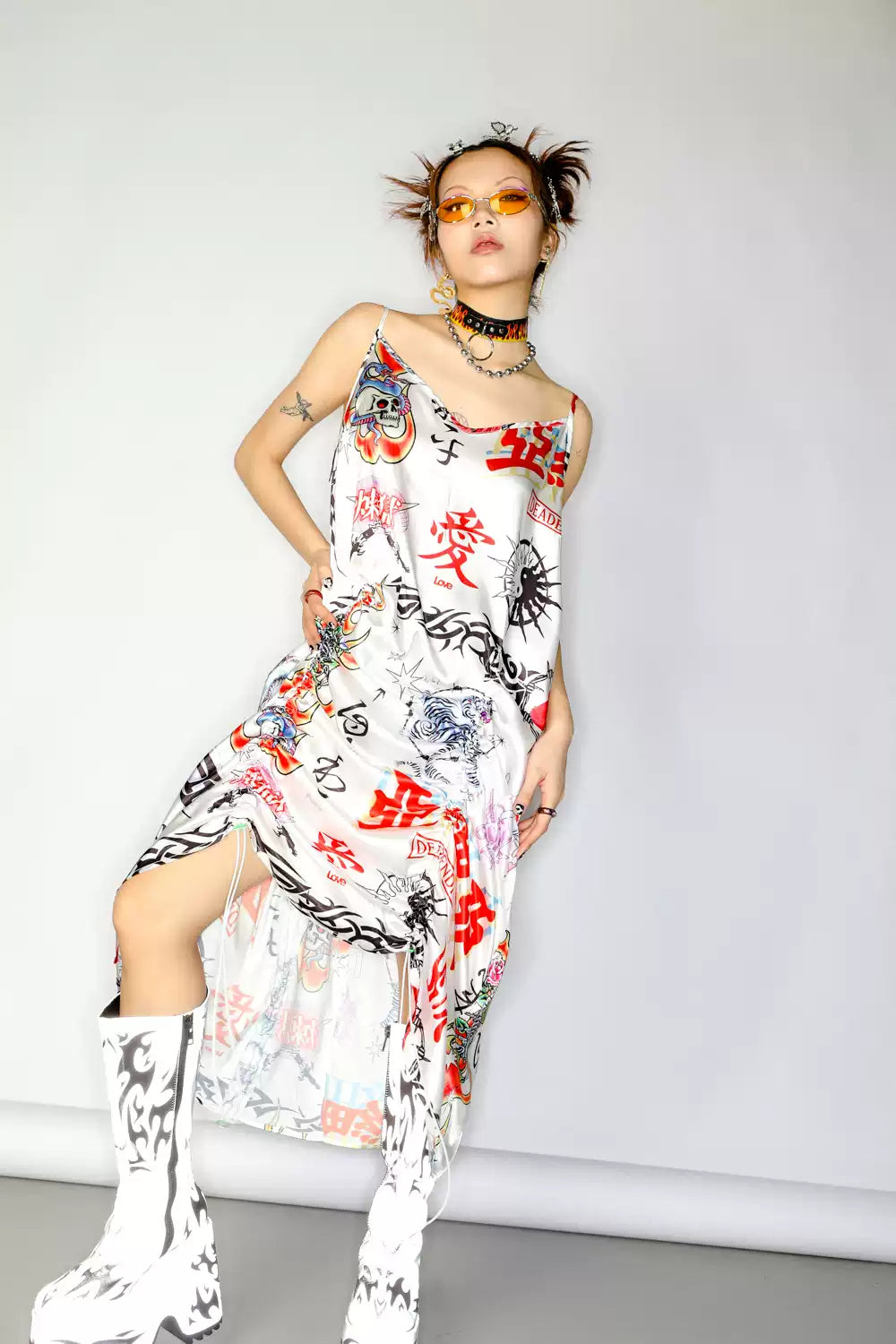 DEADENDKIDS ASIA RIOT satin slip maxi dress — rear or construction presentation