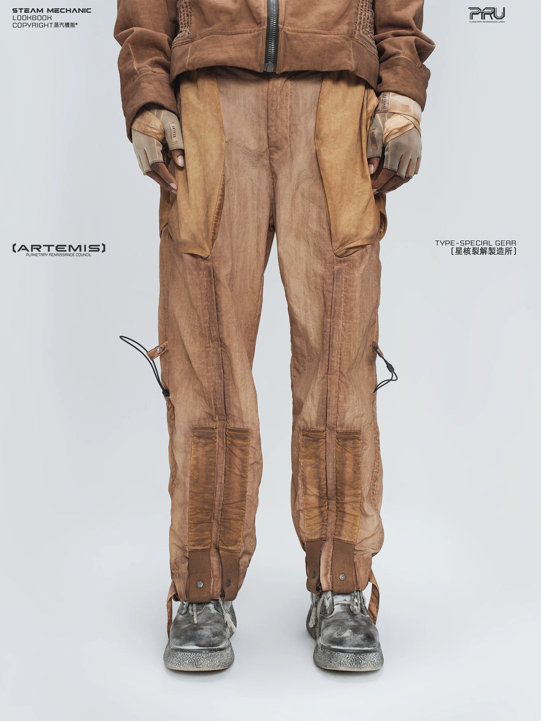 STARCORE venus orange engineer utility pants — front modeled product view