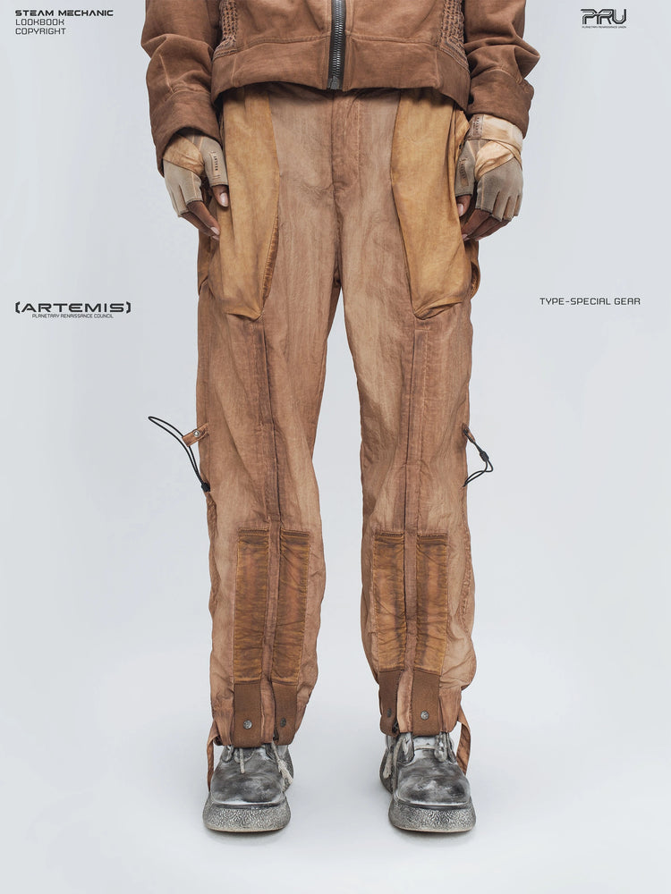 STARCORE venus orange engineer utility pants — front lower-body modeled view showing the washed finish