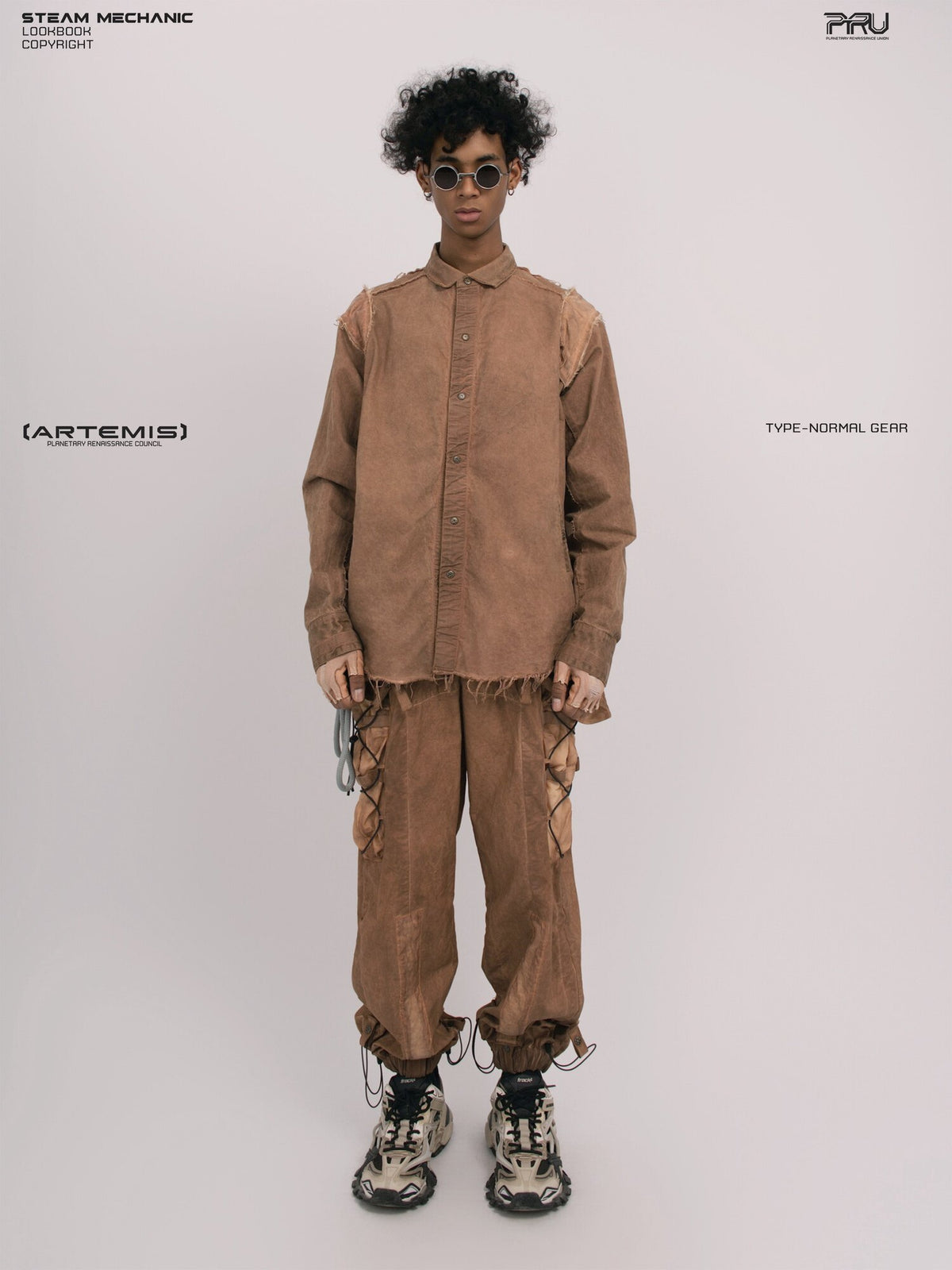 CHAOS ERA raw-edge technical shirt in brown — full-length front modeled view