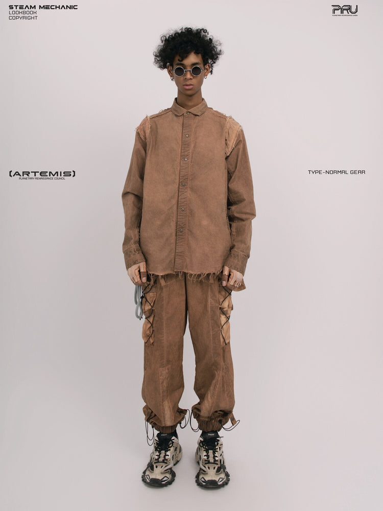CHAOS ERA raw-edge technical shirt in brown — full-length front modeled view