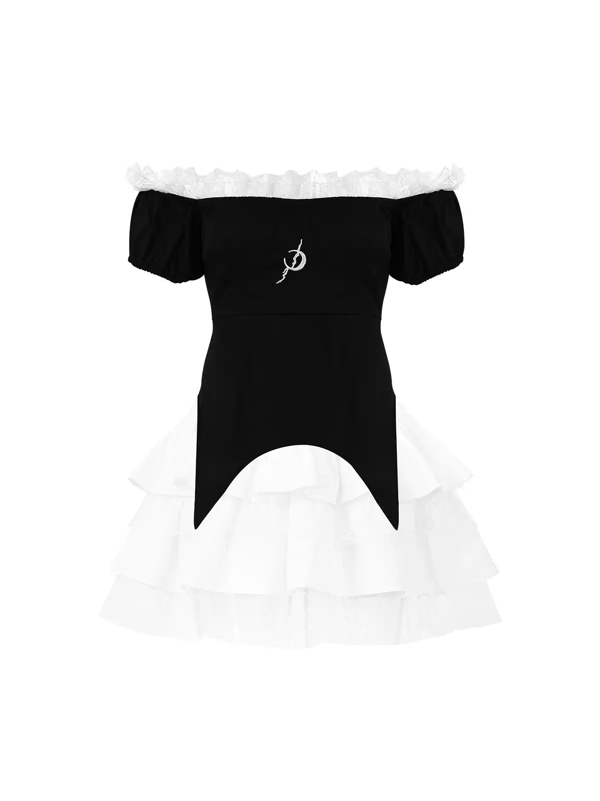 PINKSPINK BUTTERFLY EFFECT off-shoulder two-piece mini dress in black white — front garment-only view of both pieces styled together