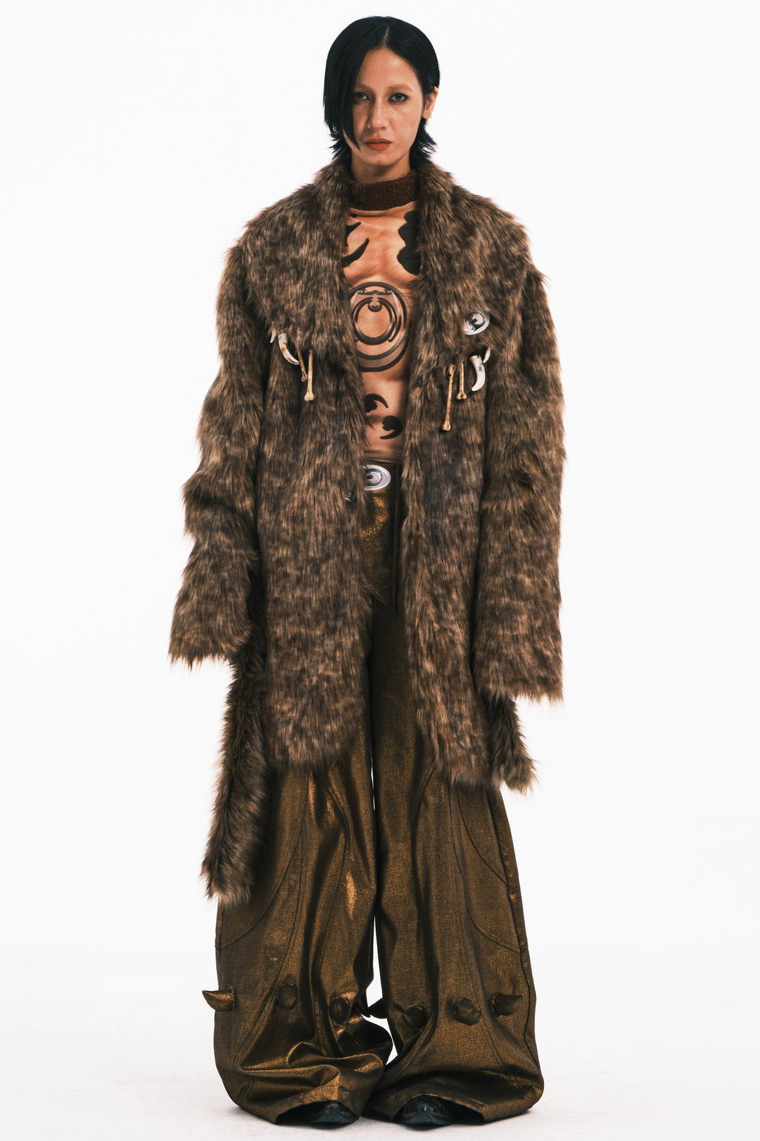 EMBRYO PRIMAL BONE mid-length faux-fur coat — material and hardware detail