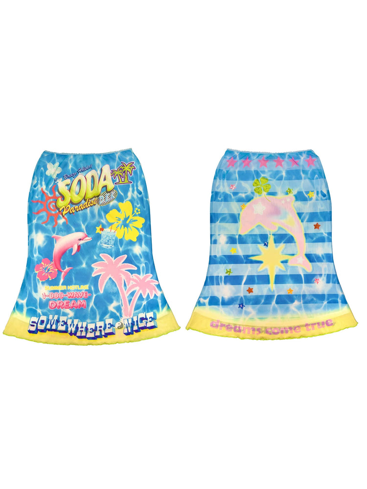 DEADENDKIDS SODA PARADISE mesh top & fishtail skirt — material and print detail