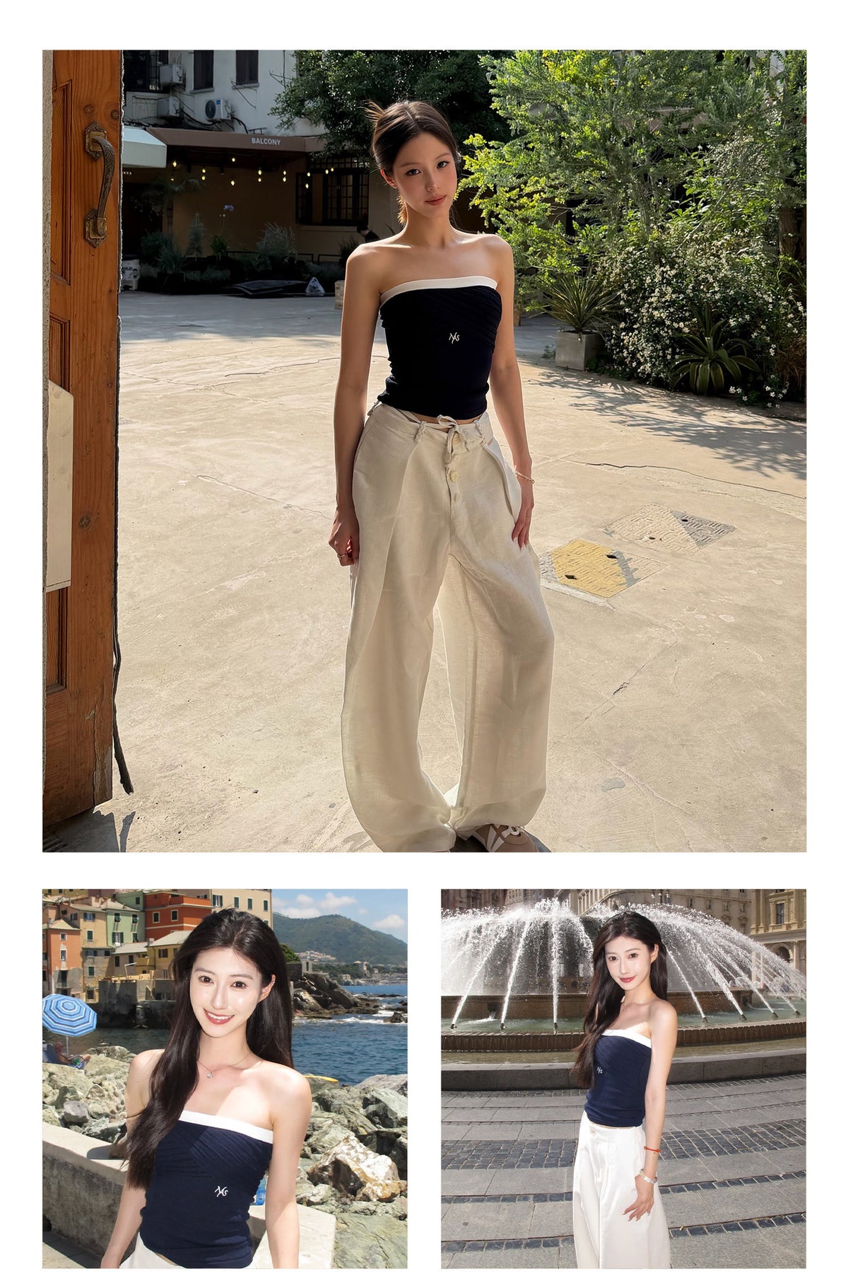NAWS LACE gathered knit bandeau top — full-length modeled styling view