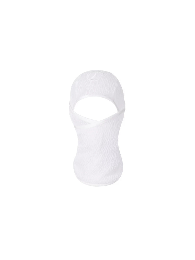 PINKSPINK ELECTRIC MOON mesh balaclava — white open-knit mesh balaclava with eye opening, front product-only view