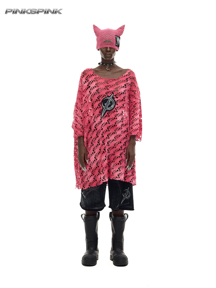 PINKSPINK ELECTRIC MOON distressed open-knit oversized tee in pink — full-length front modeled view with a cat-ear beanie