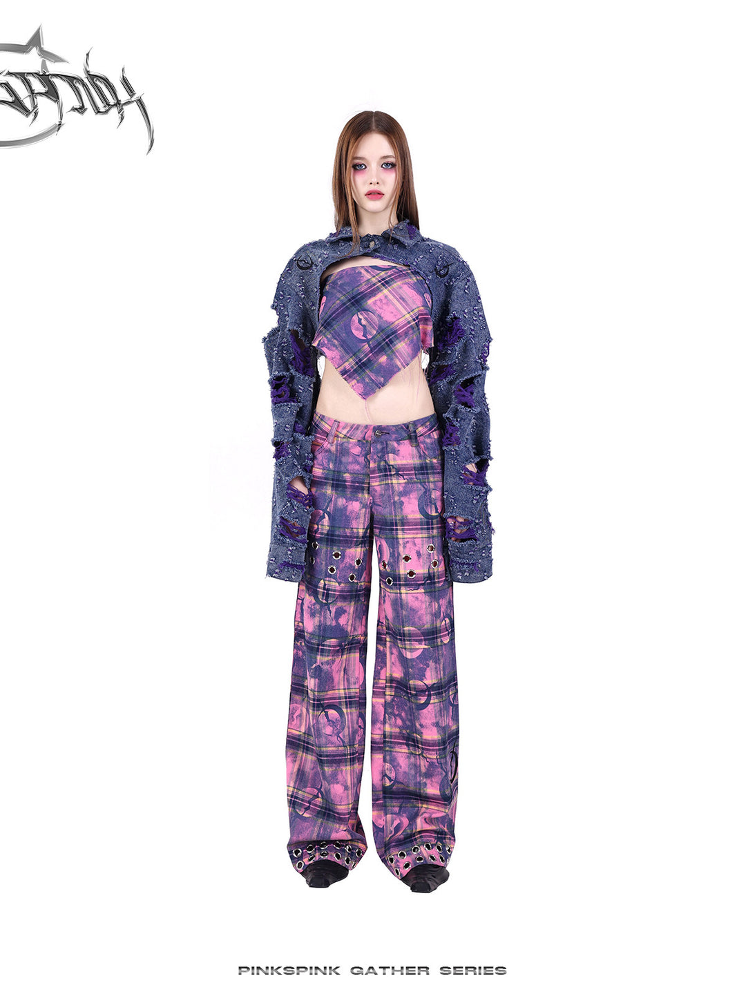 PINKSPINK BROKEN VIOLET distressed denim cropped jacket — modeled front styling view