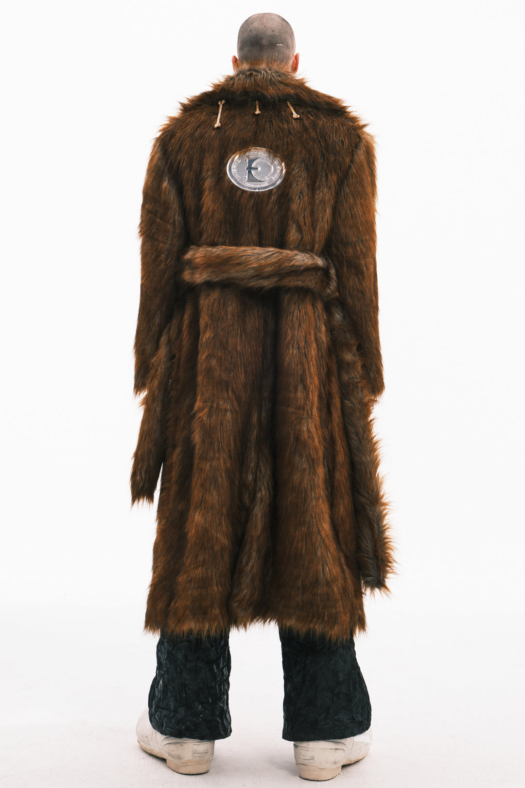EMBRYO PRIMAL BONE extra-long faux-fur coat — full-length modeled view