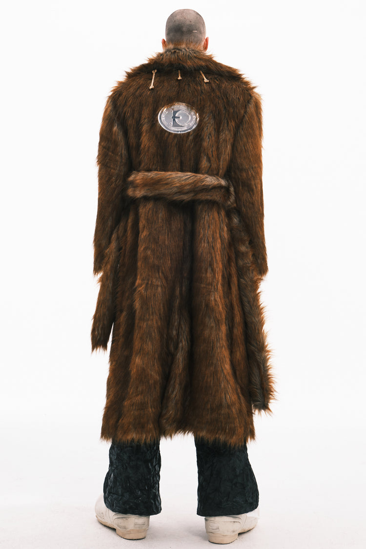EMBRYO PRIMAL BONE extra-long faux-fur coat — full-length modeled view
