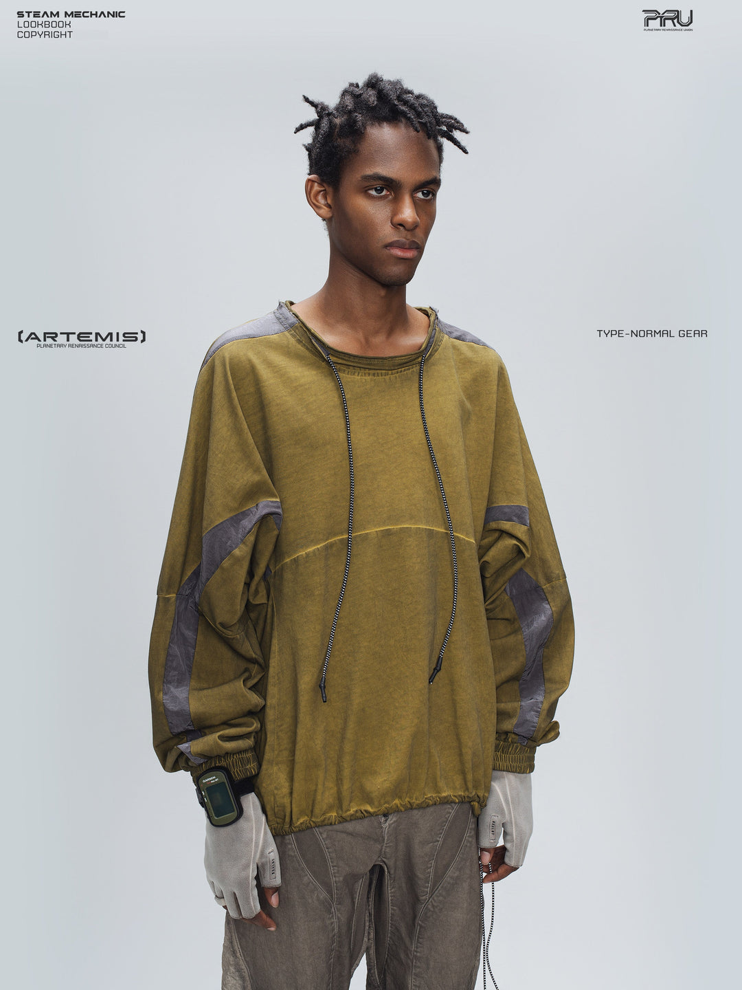 PIONEER mars yellow drawstring commuter sweatshirt — side modeled view