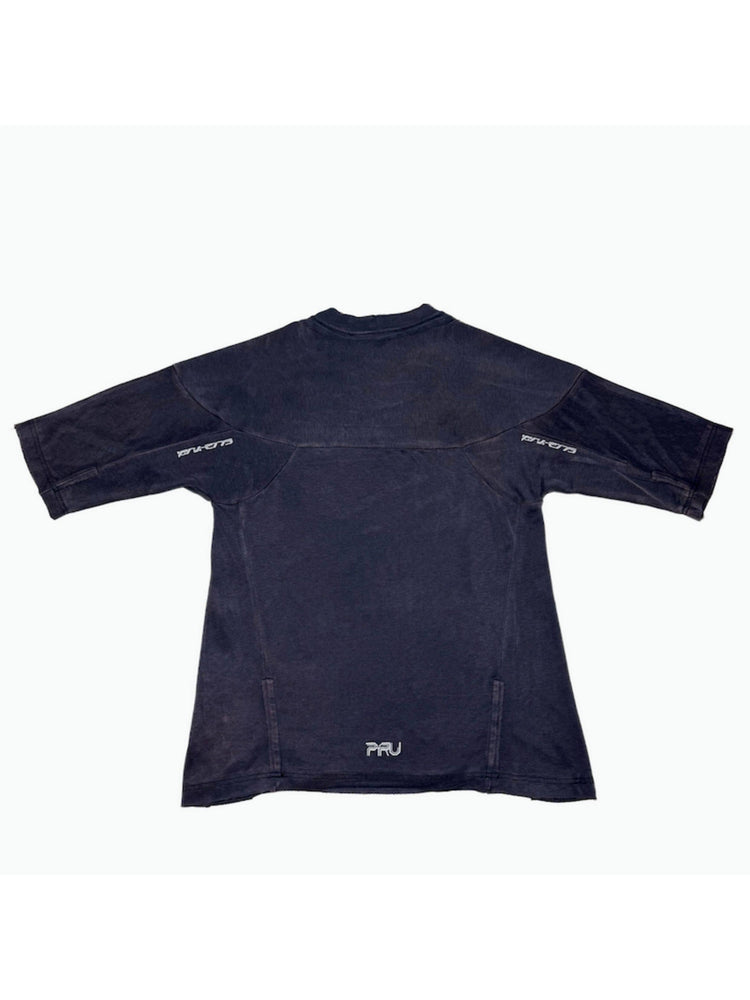 LIGHTSHADOW spirit deconstructed technical tee — purple back flat-lay showing reflective sleeve and hem logos