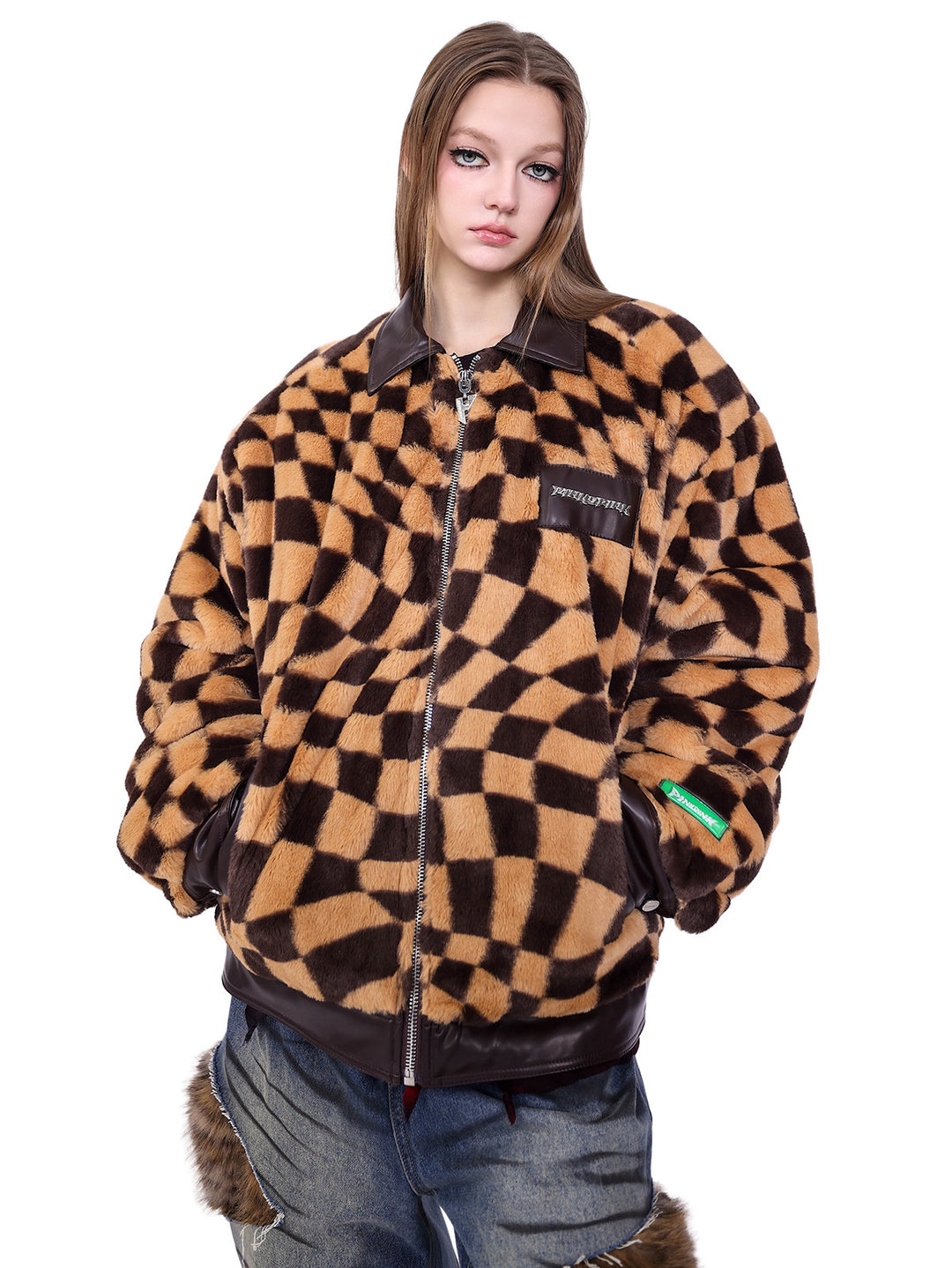 PINKSPINK WARPED checkerboard padded faux-fur jacket — caramel brown checkerboard jacket — front close view of texture and zipper